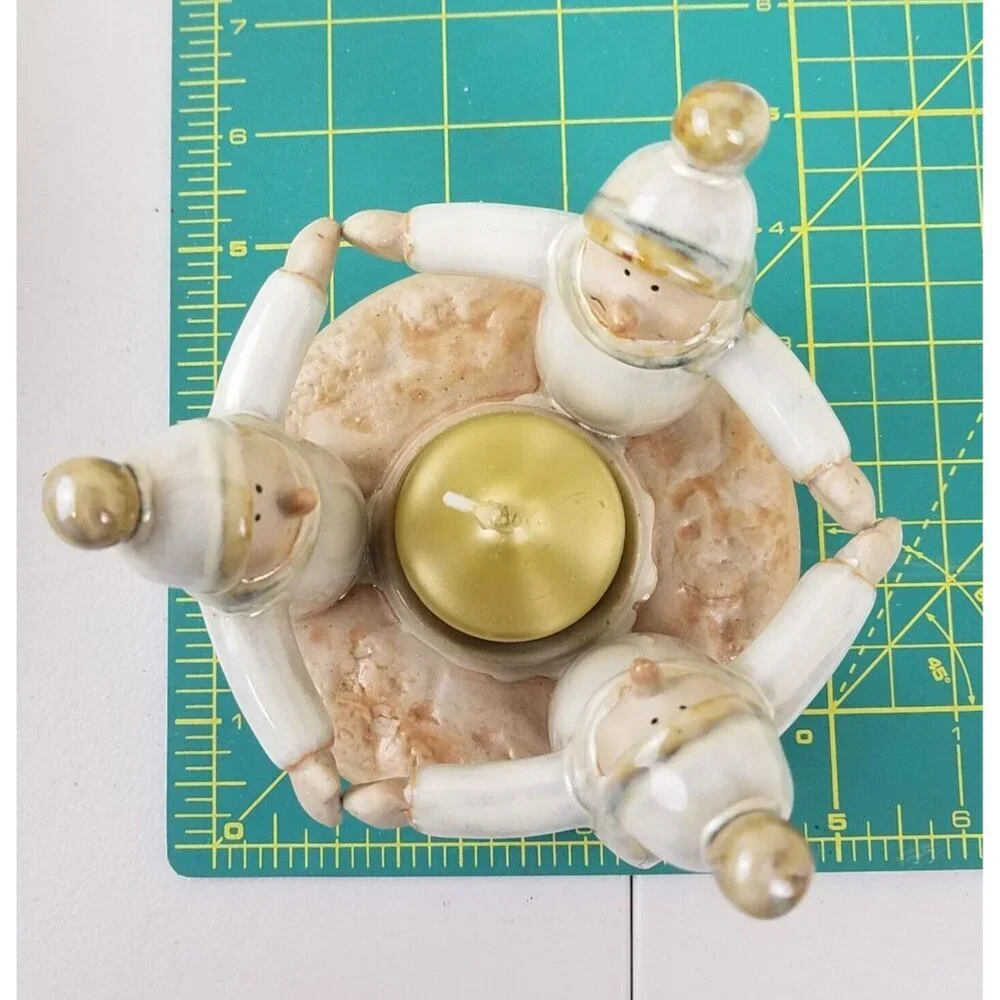 Ceramic circle‎ three snowmen friends candle holder votive glazed Winter holiday